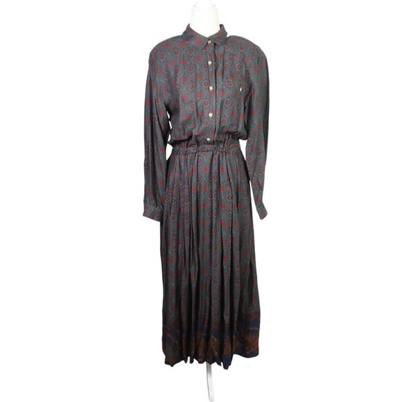 Vintage 90s Lands' End Dark Green and Red Scarf Print Maxi Shirt Dress 6 - Picture 1 of 6